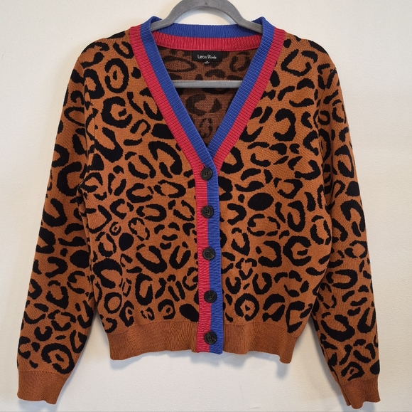 Anthropologie Lea & Viola Leopard Print Cardigan Sweater V Neck Button Up Sz S - Picture 2 of 11